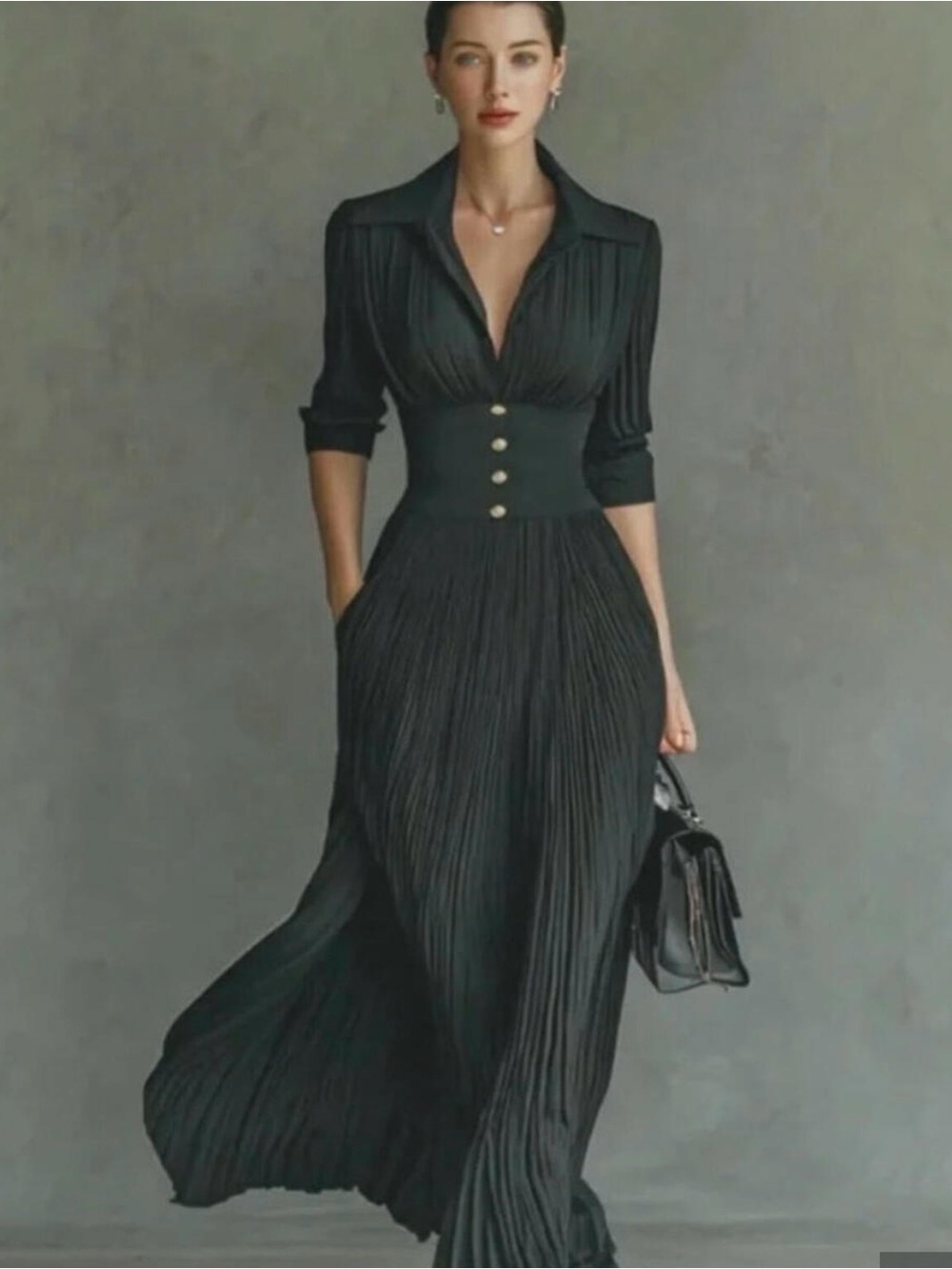Elegant Black Pleated Maxi Dress with Buttoned Waist Sz S - Picture 2 of 10